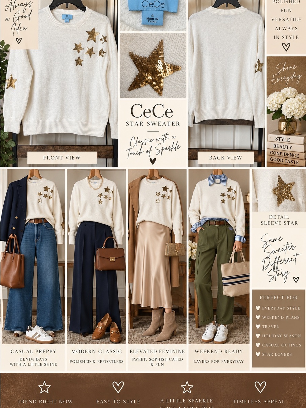 CeCe Ivory Gold Sequin Star Sweater Size Small Cotton Blend w/Merino for warmth